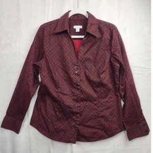Red & Black Geometric V Neck Top Button Up Charter Club Women's Blouse Sz 14